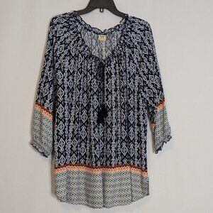 FADED GLORY Navy Blue/Orange Pullover Boho Peasant 3/4 Sleeve Top; Size 2X
